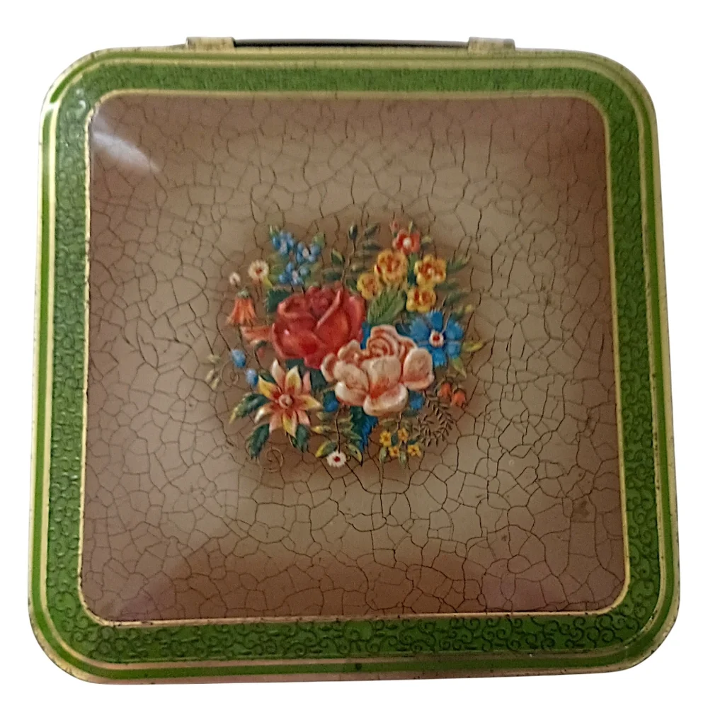 Vintage Tin Container Green Floral Hinged Square Made In Holland Victorian Style
